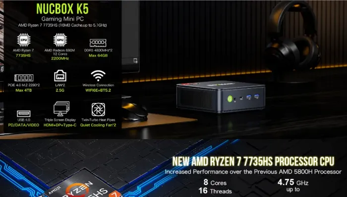 Vendo GMKtec NucBox K5, Mini PC de alto desempenho, extremamente compacto e econômico.