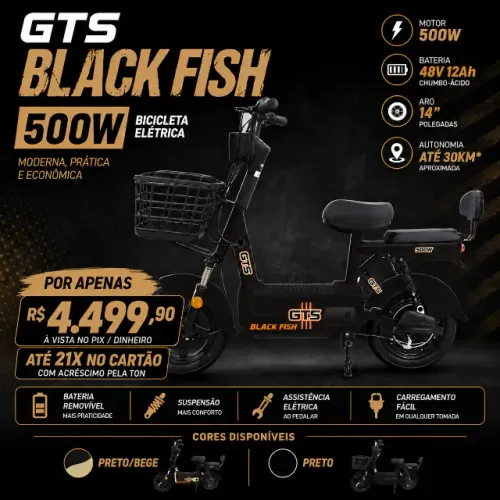 Moto Elétrica GTS Black Fish 500W 48V 12Ah Aro 14
