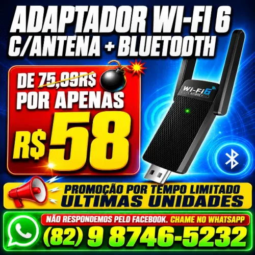 Adaptador USB Wi-Fi 6 AX1800 com Antena e Bluetooth ? Entrega grátis