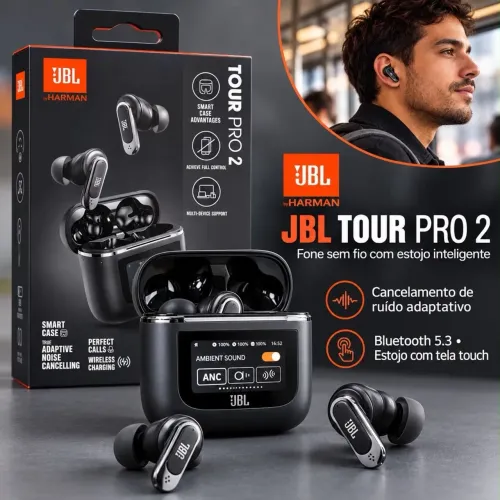 Fone de Ouvido JBL Tour Pro 2 Bluetooth com Estojo Inteligente e Tela Touch