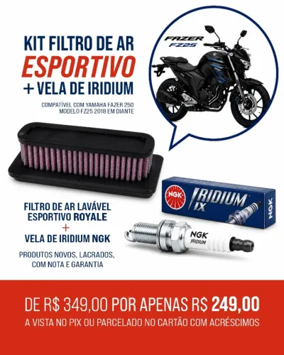 Kit Performance Fazer 250 / FZ25 - Filtro Esportivo Royale + Vela NGK Iridium (NOVOS)