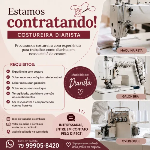 VAGA PARA COSTUREIRAS E COSTUREIROS 