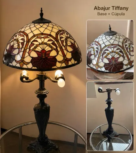 Abajur Tiffany em Vitral - Base em Metal Fundido - 2 Lâmpadas