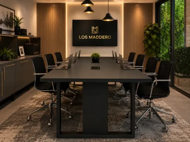 Mesa de Reunião Corporativa Negretta. Painel Ripado: 8 tomadas L260cm x L120cm x A74cm.