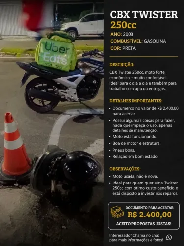 Vendo moto cbx twister 250cc 2008 aceito cartão ou algo de meu interesse mas volta em dim