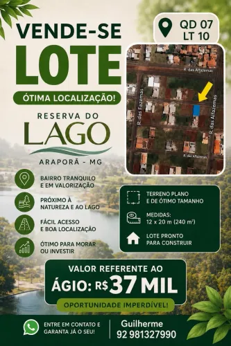 Lote de Terreno 240 m² no Reserva do Lago - Araporã/MG | Oportunidade de Ágio