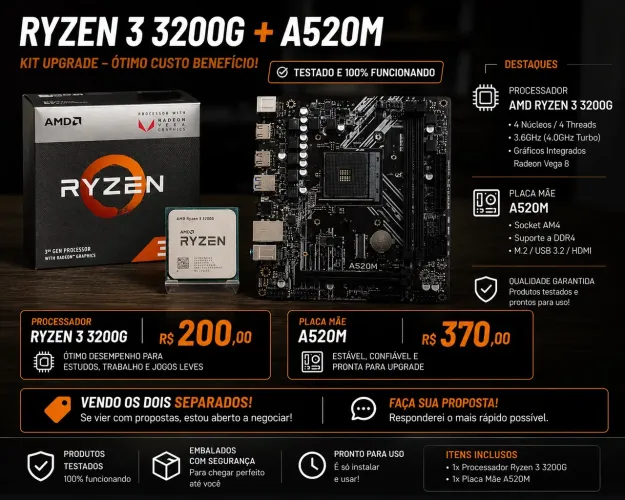 VENDO RYZEN 3 3200g e placa mae a520m,pra ir rápido$$