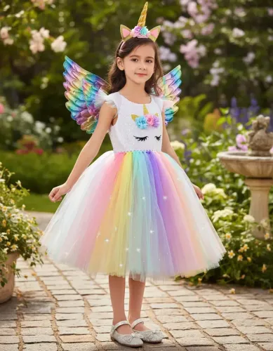 Vestido De Unicórnio De Tule Para Menina 5/7 anos + Tiara Led + Asa