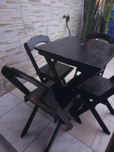 Mesa Dobrável 70x70 Tampo Madeira 4 Cadeiras Dobrável Retrátil Preto