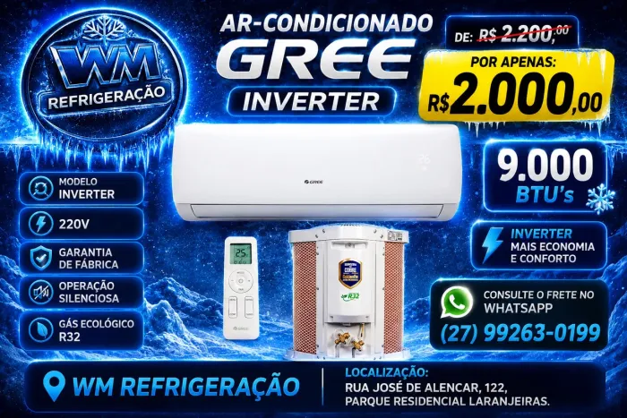 Ar-Condicionado Gree Inverter 9.000 BTUs 220V - Novo | Garantia de Fábrica | R$ 2.000