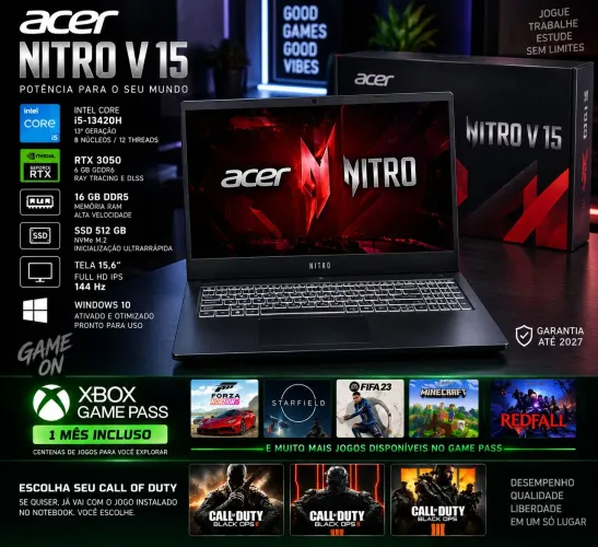 ACER NITRO V15 RTX 3050 6GB - i5 13ª GERAÇÃO - 16GB DDR5 - SSD 512GB - 144HZ