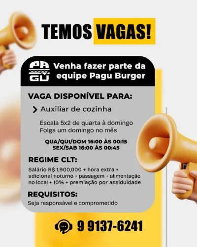 Vaga para hamburgueria