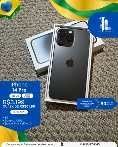 IPHONE 14 PRO, 5G, 128GB, CHIP FÍSICO, SPACE BLACK, NA CAIXA, SEMINOVO , EXCLUSIVO!