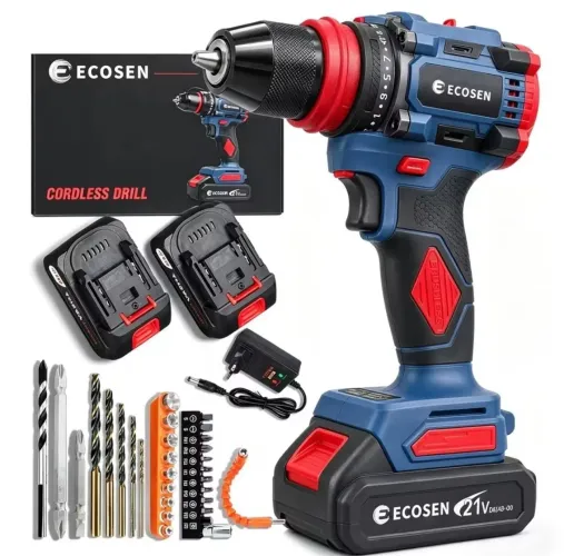 Furadeira Parafusadeira Ecosen 21V Sem Fio + Kit Completo