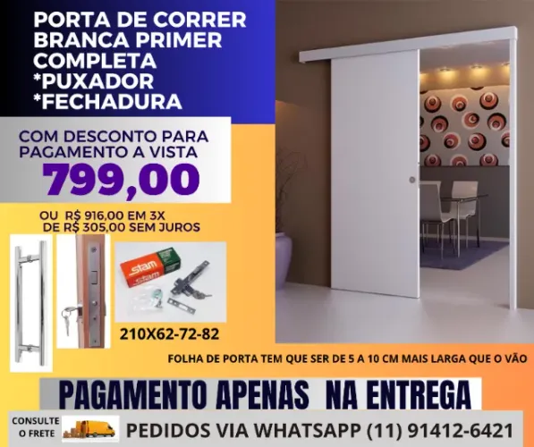 Porta correr completa Branco Primer 2.10x80 PB-pagamento na entrega - frete a/c