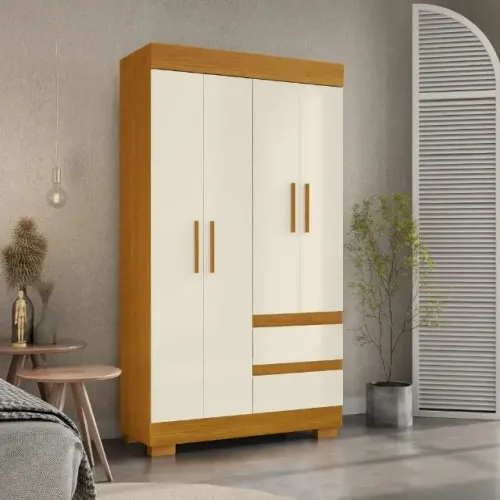 "Praticidade e Estilo: Guarda-Roupa Solteiro ACP Maya 4 Portas com Pés - Cinamomo/Off Whit