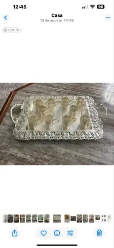 Bandeja com borda rendada em prata + calices