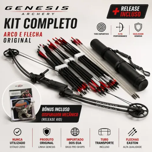 ARCO COMPOSTO GENESIS ARCHERY IMPORTADO + 34 FLECHAS + ALJAVA + RELEASE | NOVO & SEM USO