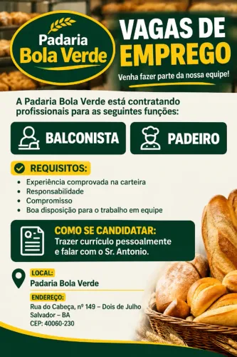 Vaga Para Balconista e Padeiro com experiencia comprovada na carteira