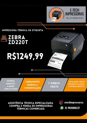 IMPRESSORA TÉRMICA DE ETIQUETAS ZEBRA ZD220T (6 MESES DE GARANTIA)