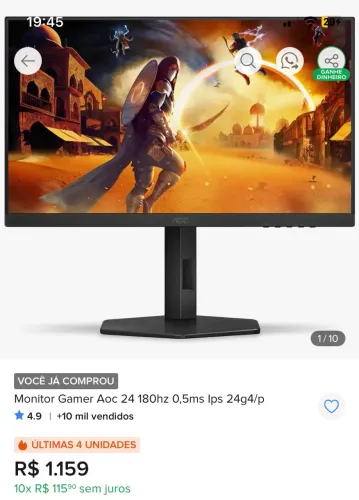 VENDO MONITOR GAMER AOC, 24 POLEGADAS,180HZ,0.5 ms lps 24g4/p