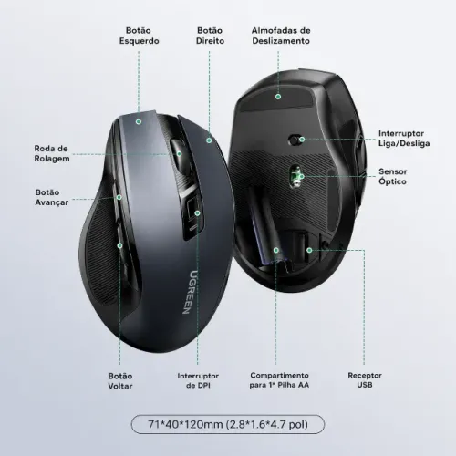 Mouse Sem Fio Ugreen Mu006 Sensor 4000Dpi 2,4G
