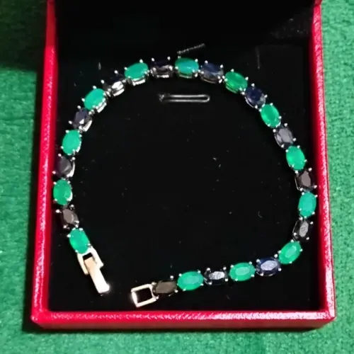 Pulseira de safiras verdadeiras e ágata verde natural em prata 925