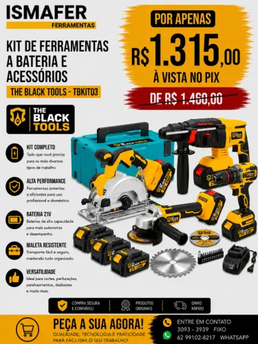 FURADEIRA PARAFUSADEIRA KIT DE FERRAMENTAS A BATERIA E ACESSORIOS THE BLACK TOOLS - TBKIT