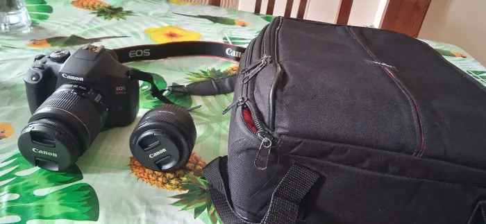 Equipamento fotográfico, lente e a bolsa do equipamento