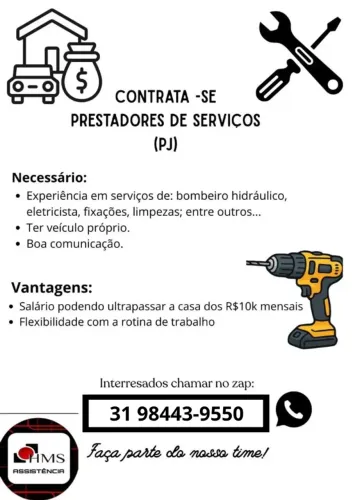 Vaga p/ Prestador de Serviços: Fixações, Hidráulica e Elétrica - Ganhos até R$ 10k  