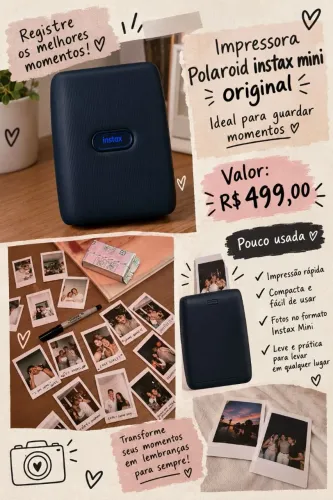 Impressora instax fujifilm,pouco usada,carregamento USB, não precisa de tinta