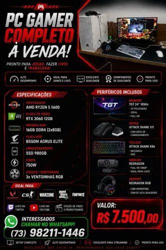 PC Gamer Ryzen 5 5600 + RTX 3060 Setup Completo Monitor 185Hz Pronto para Jogos e Lives