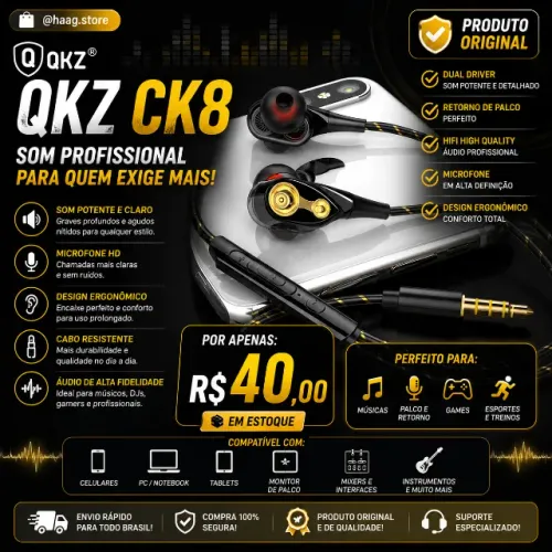 Fone Profissional Dual Driver Qkz Ck8/Retorno Palco-djs-gamers/Hifi Hq/ com Microfone