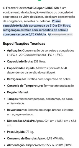 Freezer horizontal Gelopar GHDE 510 -127V - Ótimo estado