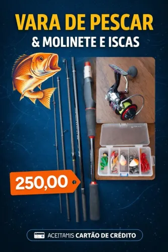 Vara de pescar com molinete e iscas