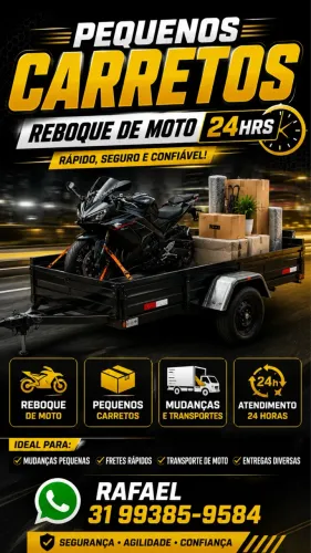 PEQUENOS CARRETOS E REBOQUE DE MOTOS 24 HORAS - BH E REGIÃO