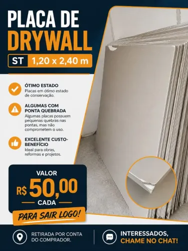 Placas de Drywall ST 1,20 x 2,40 m - R$ 50 cada