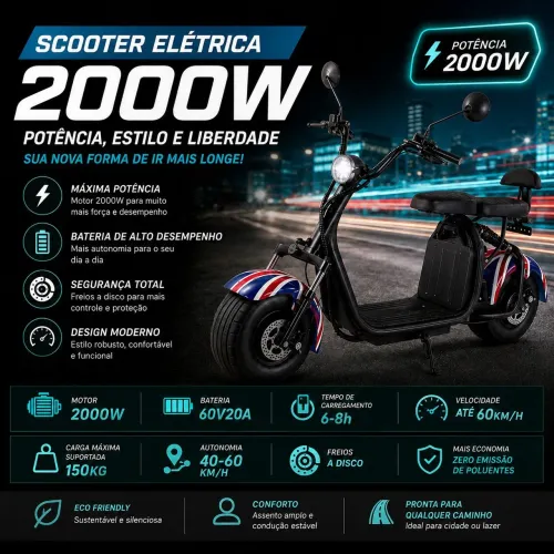 SCOOTER ELÉTRICA 2000W | ATÉ 60KM/H | AUTONOMIA 60KM