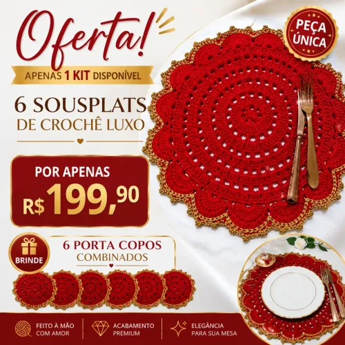 Kit Sousplat de Crochê Luxo 6 lugares + porta-copos