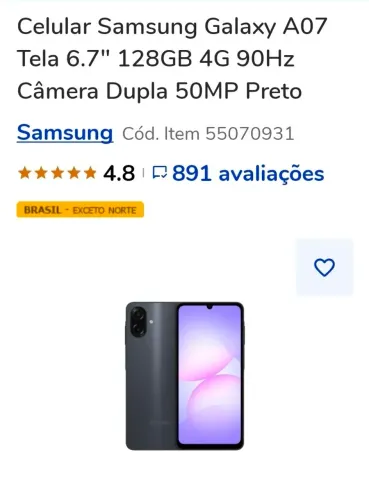 Samsung Galaxy A07 128GB 4GB RAM Preto Tela 6.7" Câmera 50MP Bateria 5000mAh IP54 4G
