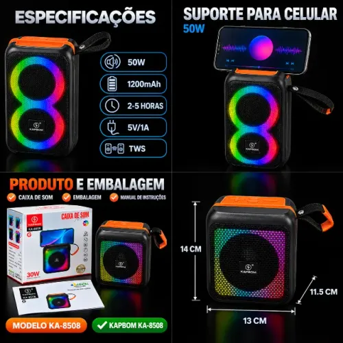 Caixa de Som Bluetooth Portátil Kapbom KA-8052/8508 RGB TWS 30W/50W 1200mH