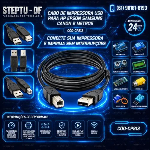 Cabo de Impressora 2 Metros Usb Para Hp Epson Samsung Canon Arduino Automação COD-CP813