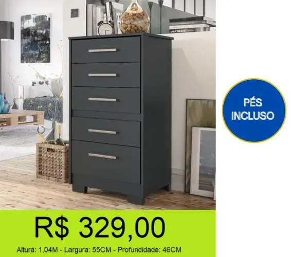 Comoda 5 gavetas com pés inclusos