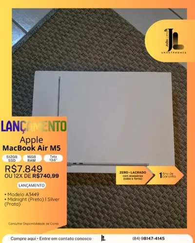 MACBOOK AIR M5, 512GB, 16GB RAM, TELA 13.6 POL., LACRADO, LANÇAMENTO!