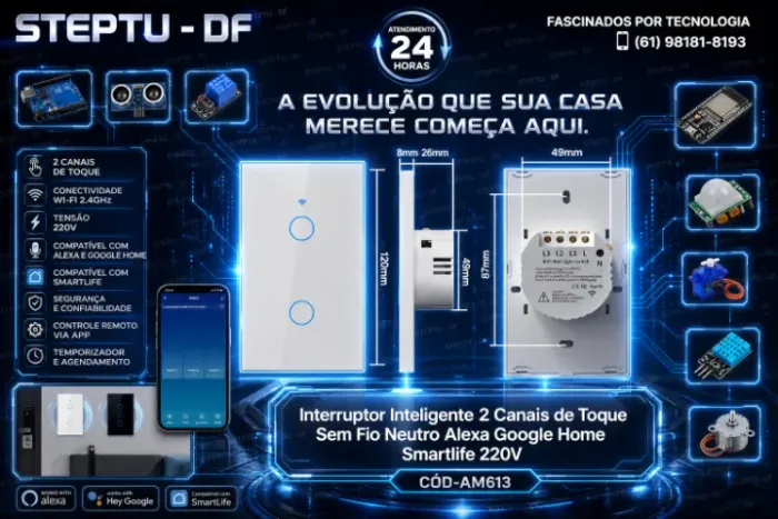 Interruptor Inteligente 2 Canais de Toque Sem Fio Neutro Alexa Google Home Smar COD-AM613