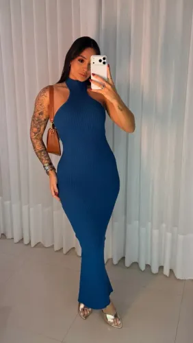Vestido Mídi Frente Única - Azul Marinho