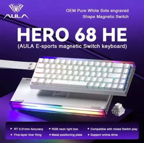 [Novo] Teclado Magnético AULA Hero 68HE Branco, 8K, Rapid Trigger, RGB, Hot Swap, PC, OEM 