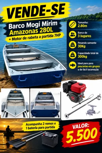 Barco Mogi Mirim Amazonas 280L + Motor rabeta 7Hp a partida