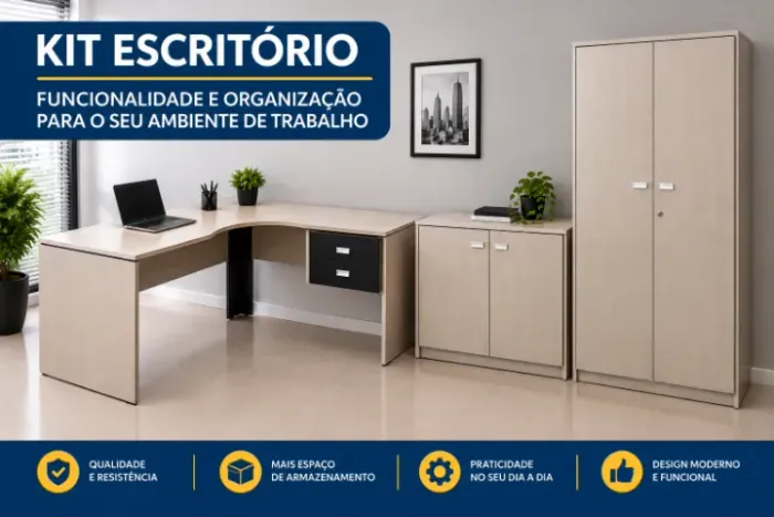 Mesa de escritório em L com 2 armários