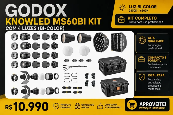 Kit de Iluminação Profissional Godox Knowled MS60 | RGB e Bi-Color | Produto Original